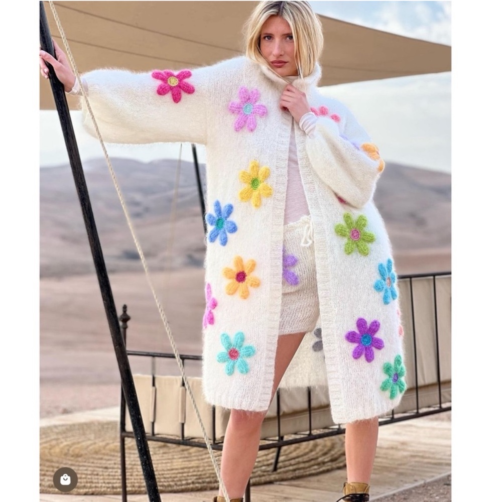 Rose Carmine Free Flowers Sweater Coat